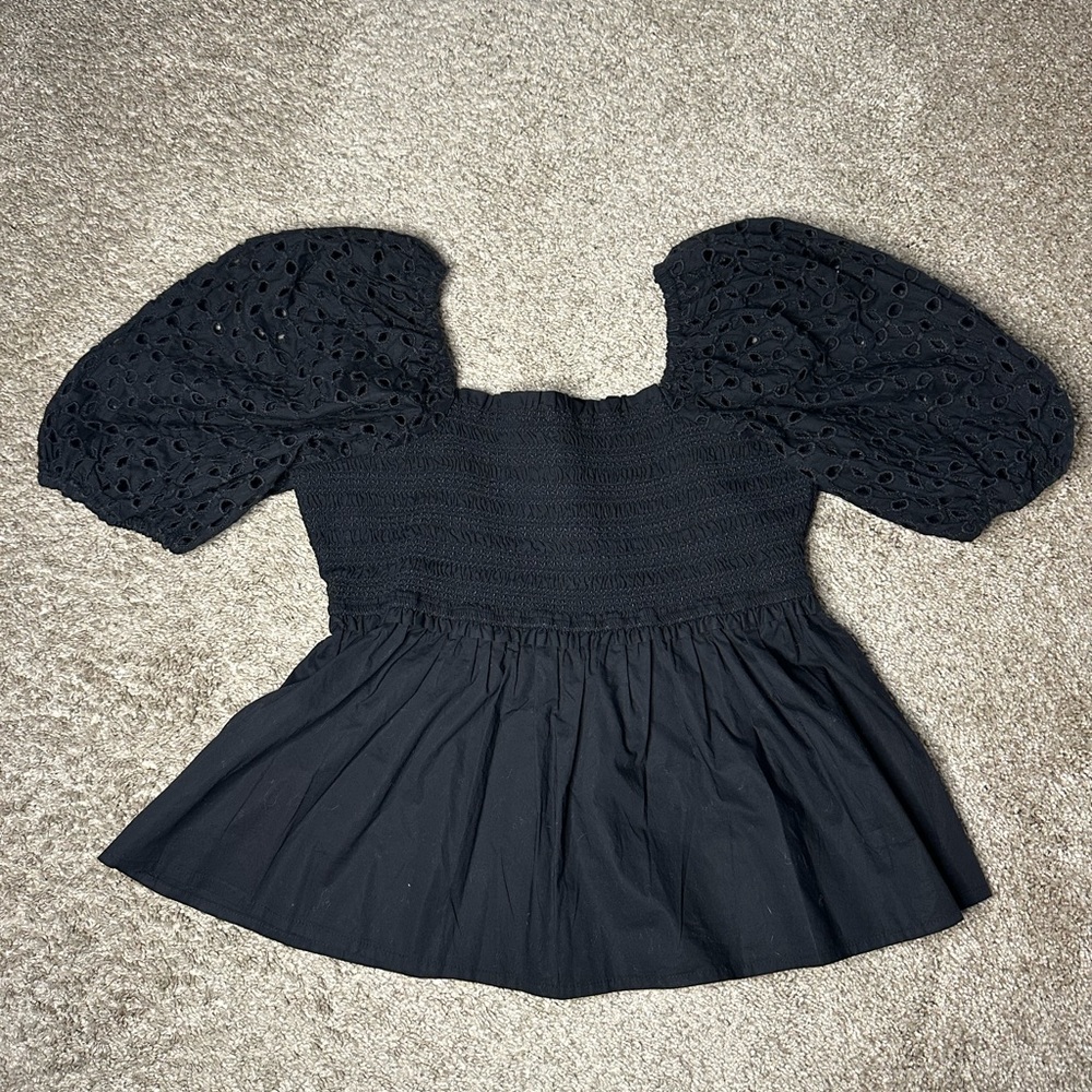 American Eagle Outfitters Black Eyelet Puff Sleeve Blouse